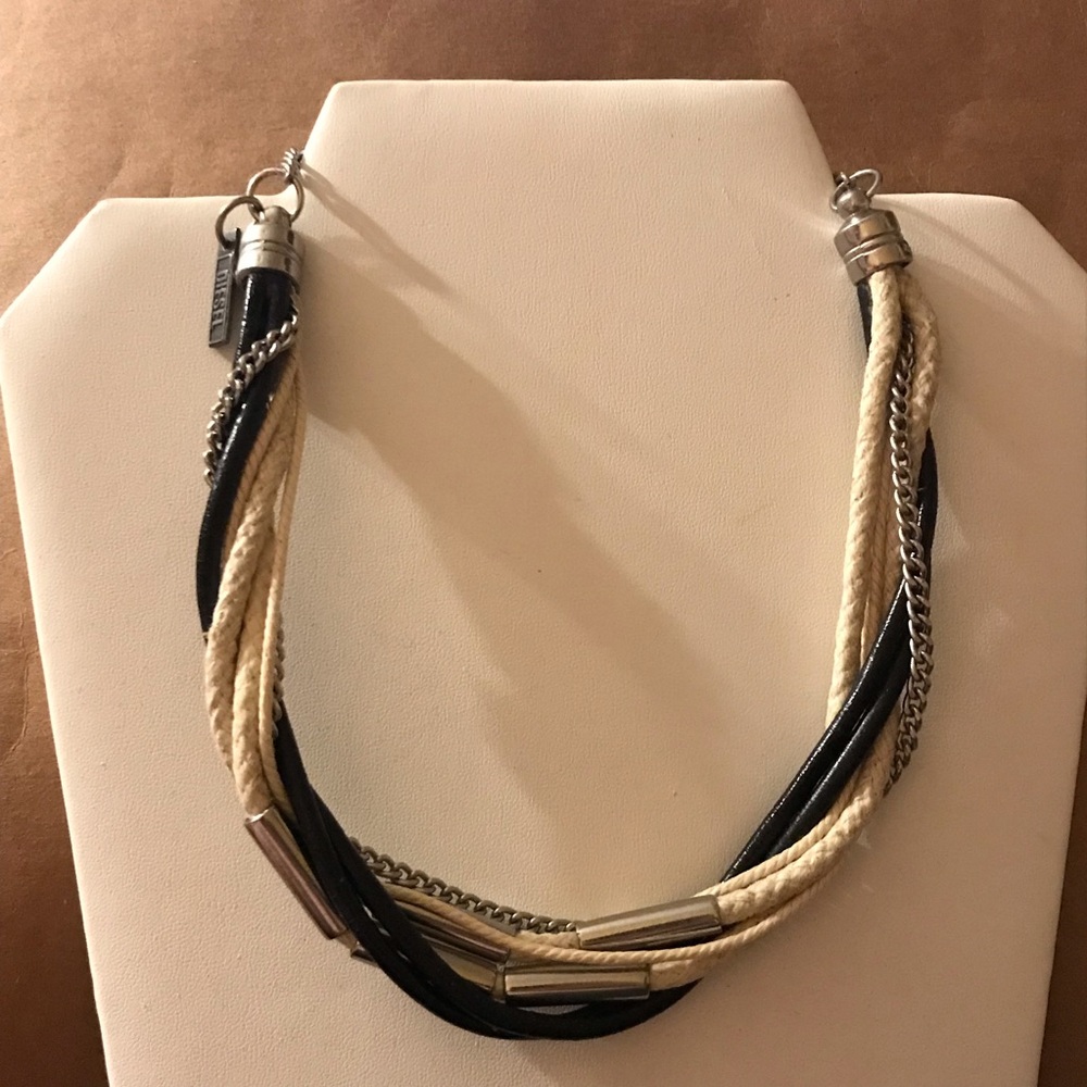 Diesel multi strap black white leather rope with chain necklace choker